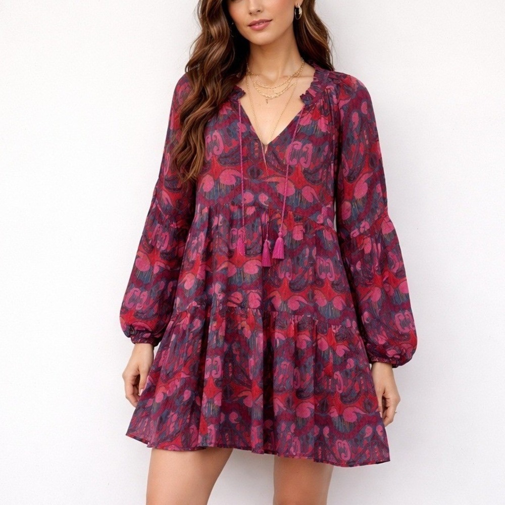 Oliphant Tiered Mini Dress Blue Kazak Print Balloon Sleeve Tassel‎ M Festival